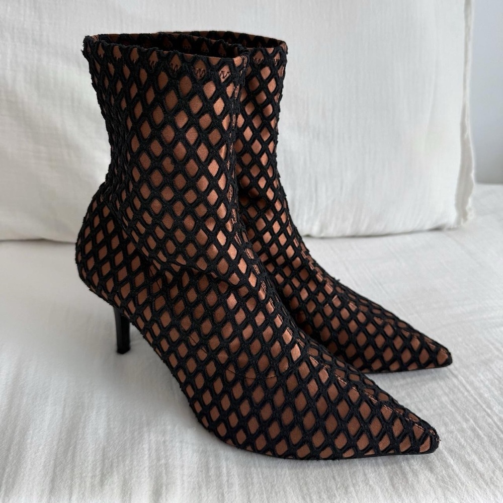 Zara Black and Gold Fishnet Pointed-Toe Ankle Boots